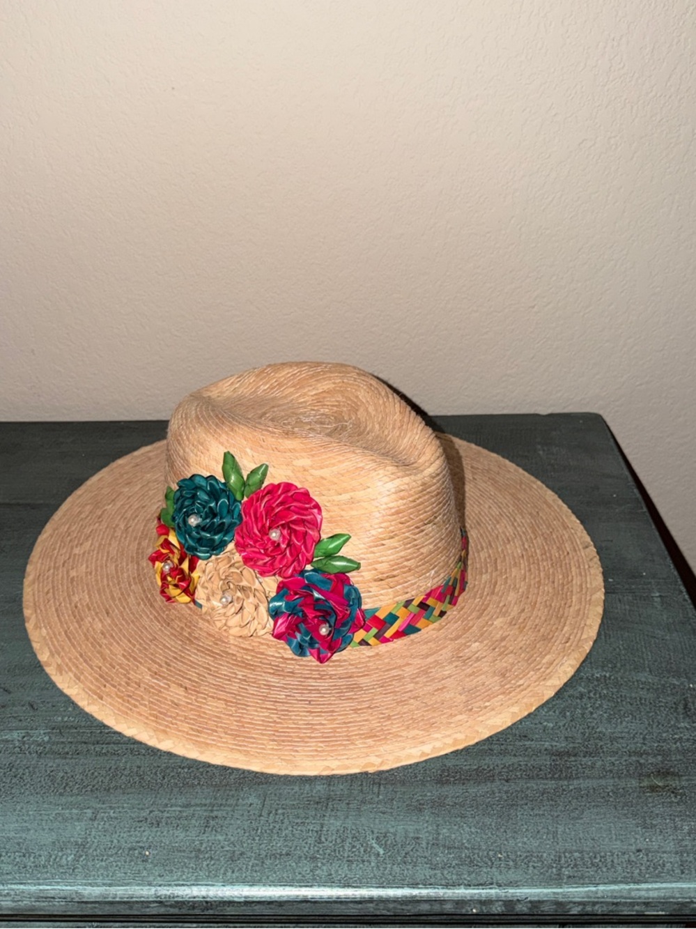 Mexican Straw Hat with Colorful Floral Trim - Natural handmade flowers.